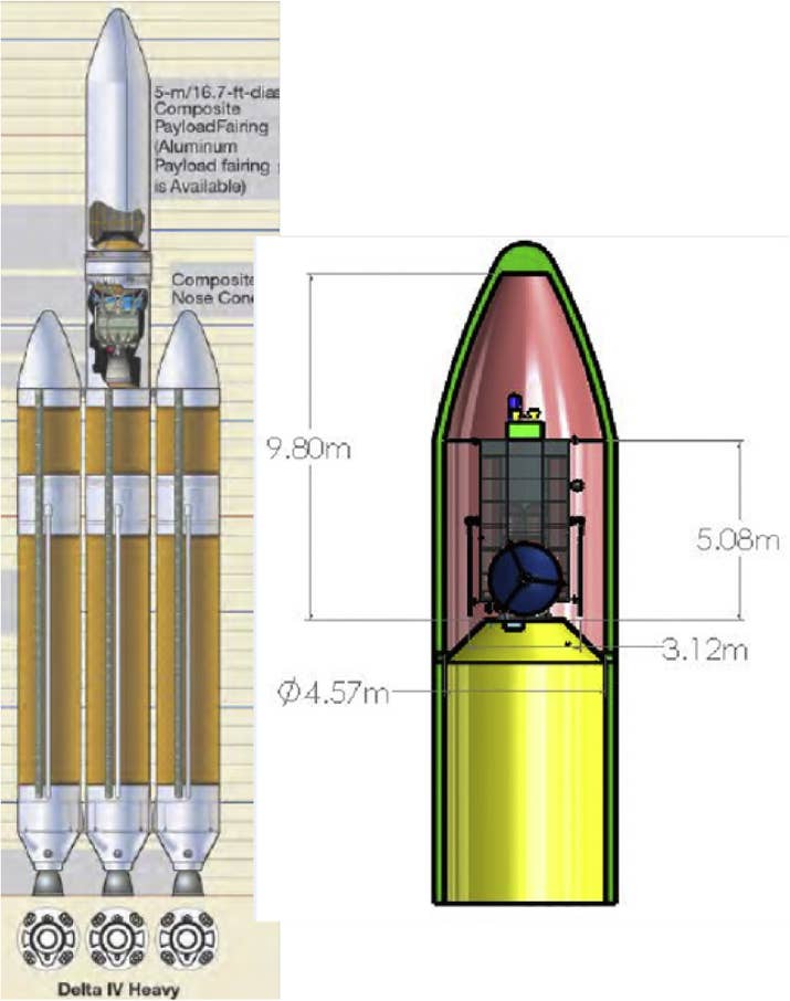 The HAMMER spacecraft (right) and launch rocket (left).