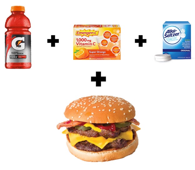 Some Gatorade, Emergen-C, and Alka-Seltzer. Oh, and a double bacon cheeseburger.