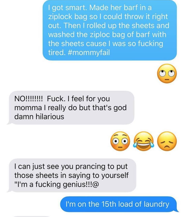 This mom who thought having her kid puke in a Ziploc bag was a genius idea.