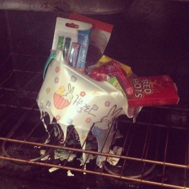 This mom who hid her child's Easter basket in the oven, and then completely forgot about it.