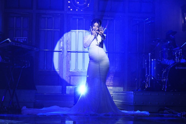 Over the weekend, "The Trap Selena" was the musical guest on Saturday Night Live where she officially revealed her pregnancy, performing hit single "Be Carfeul" in a custom Christian Siriano gown.