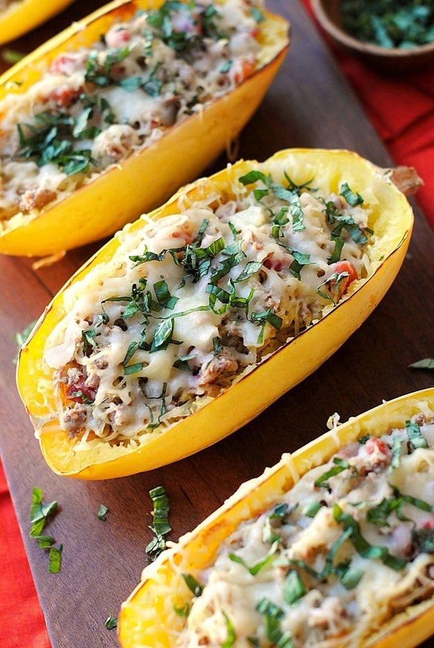 Spaghetti Squash Boats With Spicy Sausage