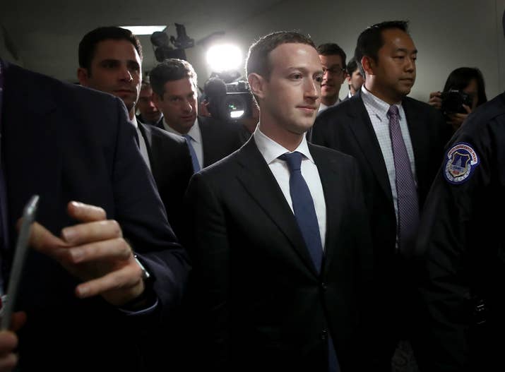Mark Zuckerberg leaves the office of Sen. Dianne Feinstein (D-CA) after meeting with her on Capitol Hill the day before his scheduled hearing on April 10 before the Senate Judiciary and Commerce committees.