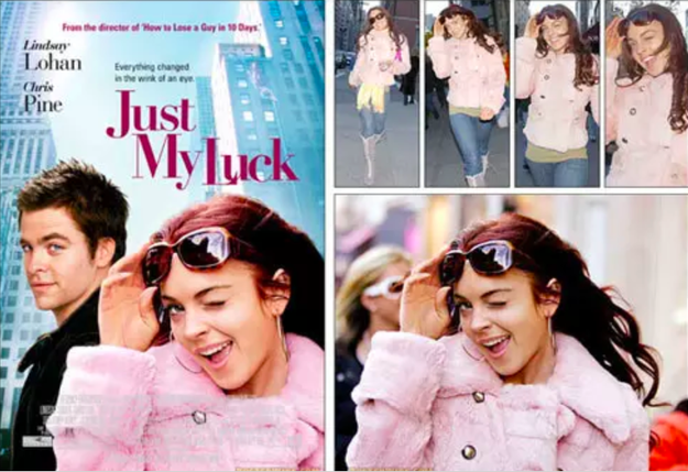 The poster for Just My Luck features a paparazzi photo of Lindsay Lohan. In fact, the studio loved it so much that they decided to change the movie's tagline to "Everything changed in the wink of an eye."