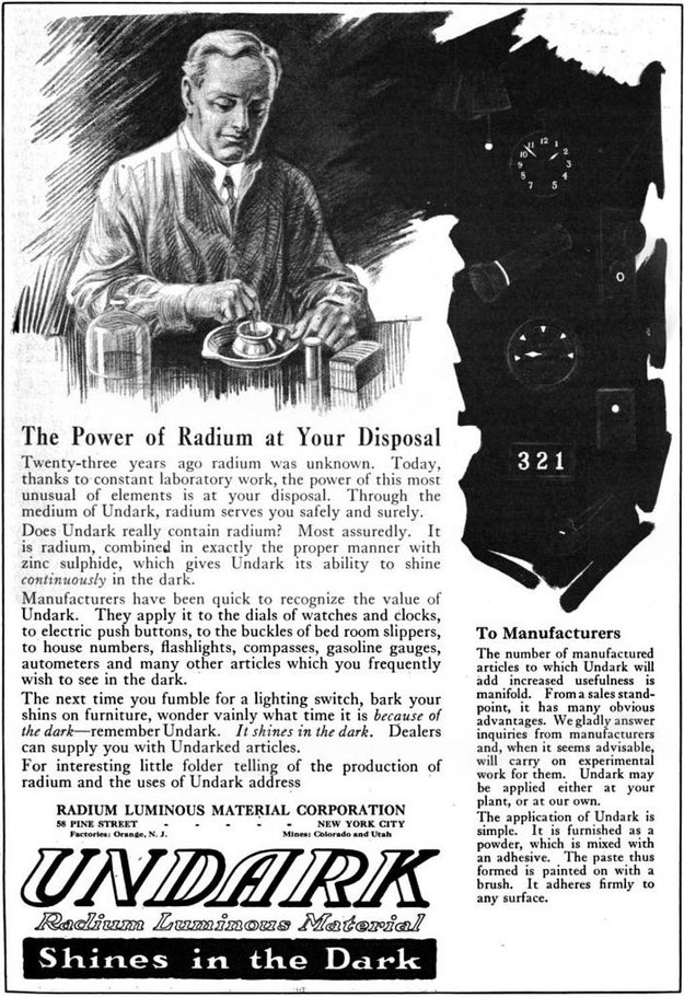 In 1928, Sabin Von Sochocky, one of the founders of the U.S. Radium Corporation and the man who had actually invented the radium-laced paint, died from exposure to his own product.