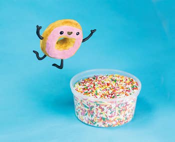 photo of clay donut jumping into sprinkles