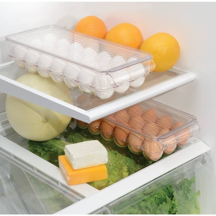 look inside fridge with clear egg cartons for storage