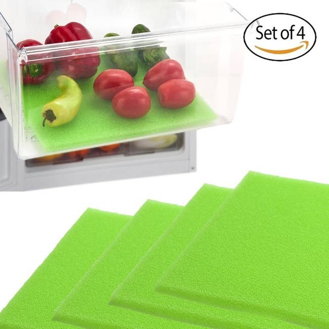 green foam sheets and one shown in a produce drawer as a liner