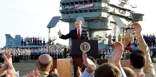 However, as the Bush White House acknowledged six months after the speech in 2003, the administration were the ones who manufactured the sign.