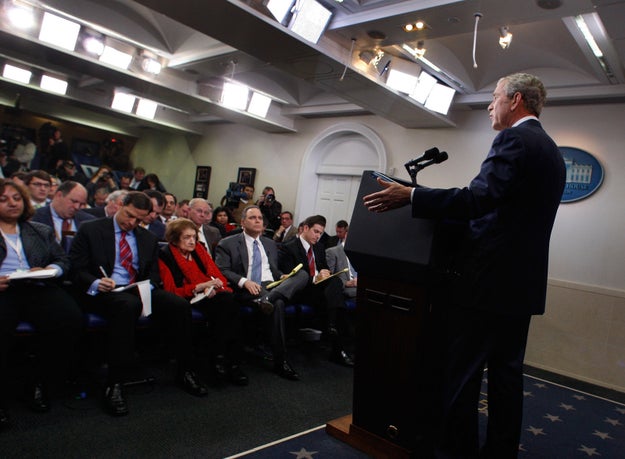 In his final ever press conference as president, Bush described the banner as one of the mistakes of his presidency.