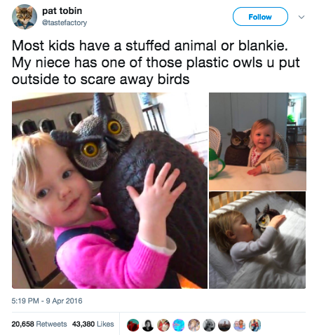 Little girl holding and sleeping with a plastic owl you put outside to scare away birds