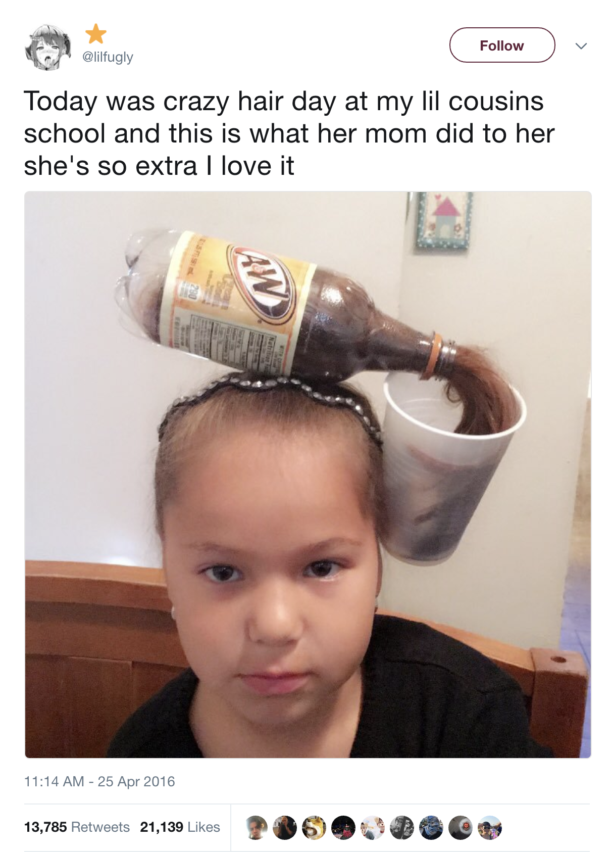 Somber-looking little girl with an empty beverage bottle on top of her head with a ponytail extending out of it into a plastic cup