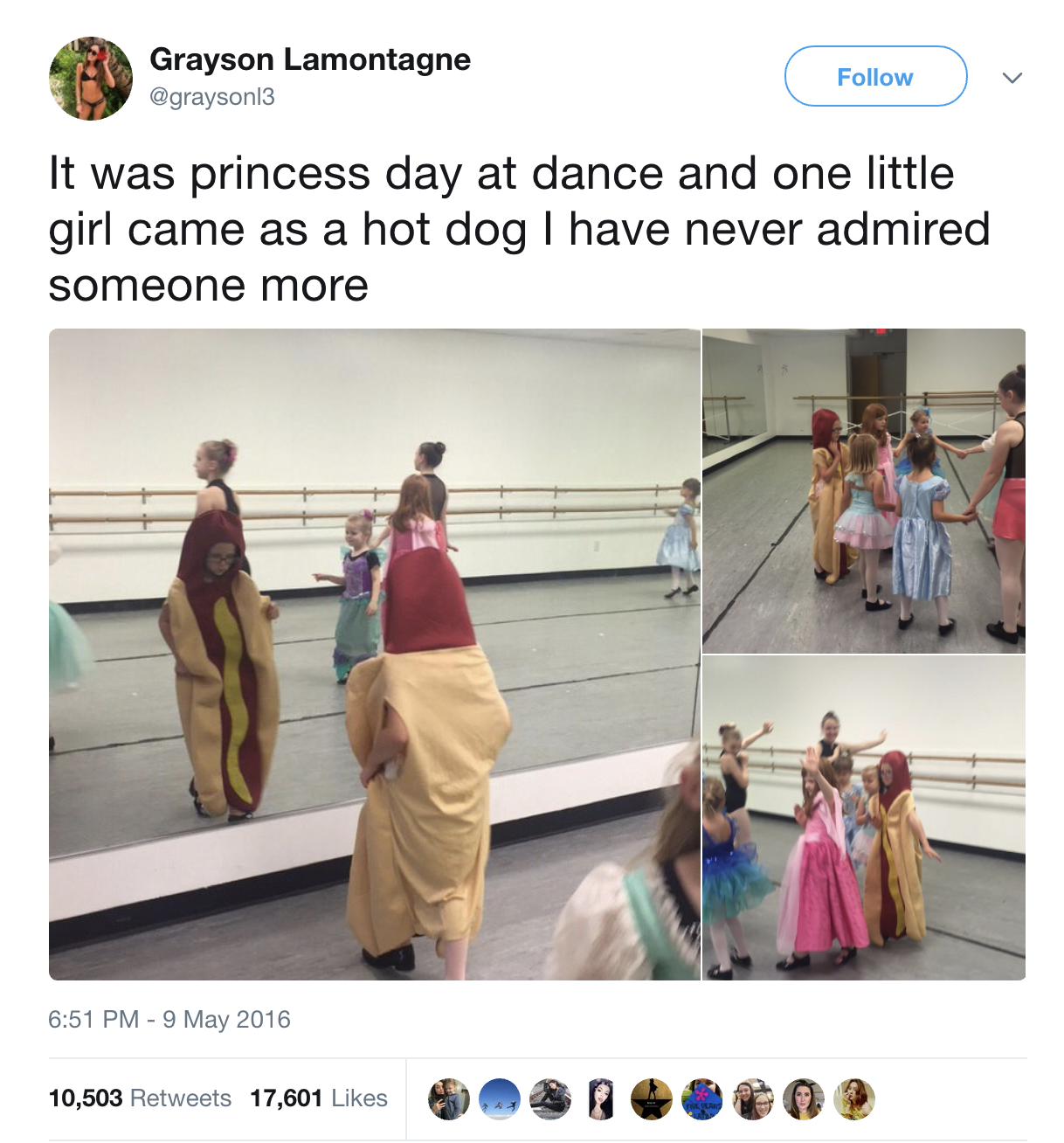 For Princess Day at a dance school, a little girl comes dressed as a hot dog