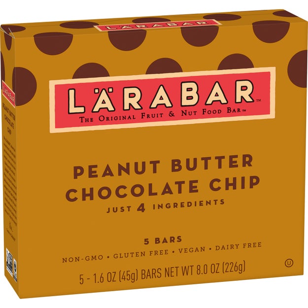 A box of vegan Larabars in the best flavor of all time – peanut butter chocolate chip. They are made with only five ingredients and you won't be able to put them down.