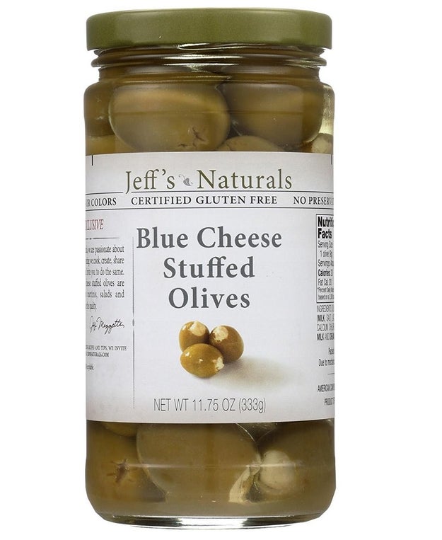 A jar of blue cheese stuffed olives you shall fall in love with.
