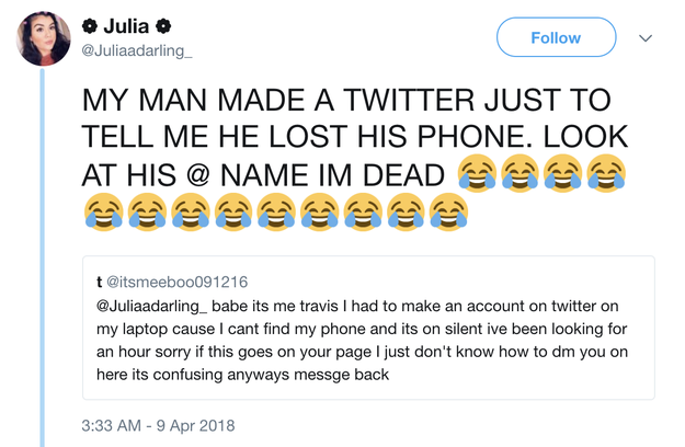 This boyfriend who made a Twitter account to reach his girlfriend when he lost his phone: