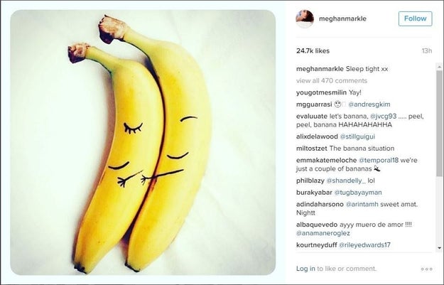 Or this picture of two cuddling bananas, posted on Oct. 31, 2016 when news broke that Prince Harry was dating Markle and currently visiting her at her home in Toronto.