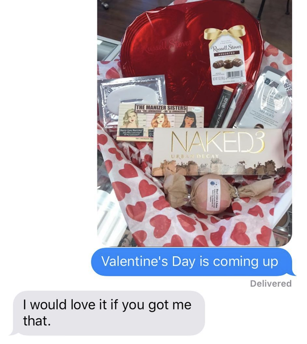 And this husband's sarcastic response to his wife hinting at what she wanted for Valentine's Day: