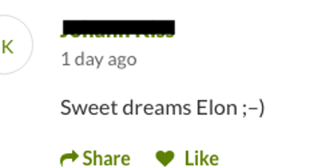 "Sweet dreams Elon ;-)"