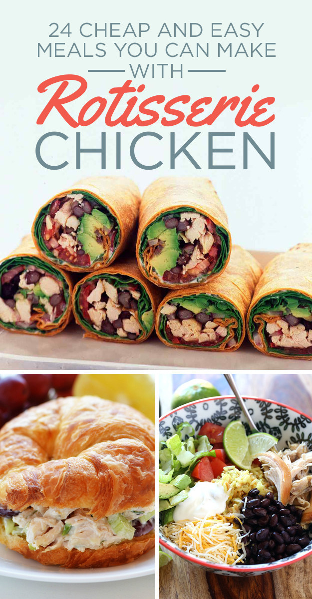 A header image of &quot;24 cheap and easy meals you can make with rotisserie chicken&quot; with photos of example recipes