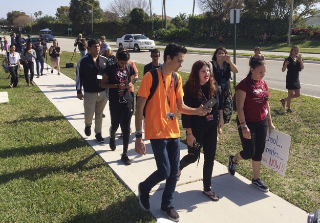 Students at Stoneman Douglas High School in Parkland, Florida, where a shooter killed 17 people on February 14, joined in the walkout — including David Hogg, one of the founders of the #NeverAgain movement.