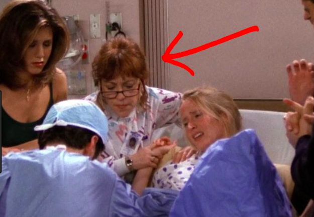 Joey's agent Estelle helping deliver Ross and Carol's baby.