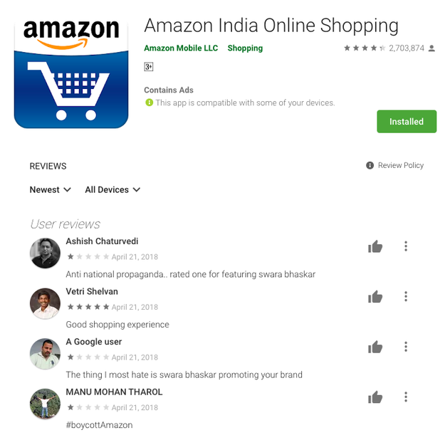 Some of them also left 1-star ratings on Amazon's app in the Indian Google Play Store and left outraged comments as app reviews.