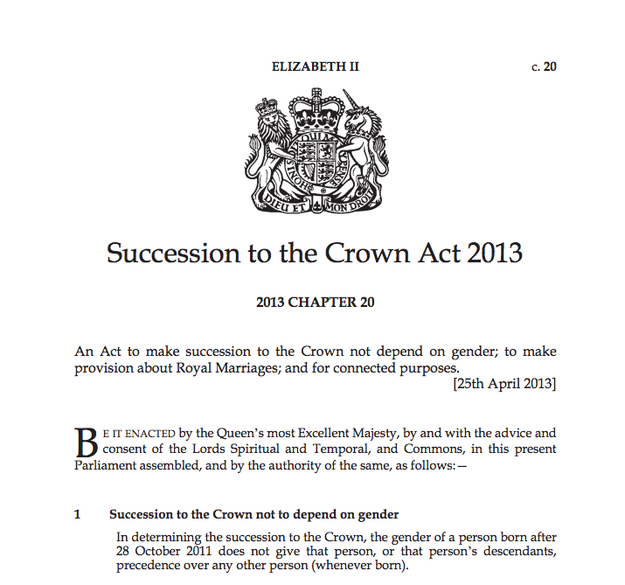 The Succession to the Crown Act 2013 ended male-preference primogeniture in the British succession, meaning that a royal child's gender no longer no longer matters when it comes to what number they are in line to the throne — it's all about birth order.
