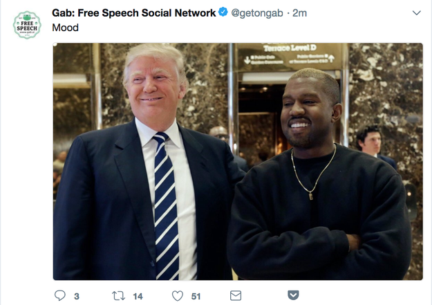 The official account for Gab, the far-right Twitter clone, tweeted a photo of Kanye West meeting Trump from 2016.