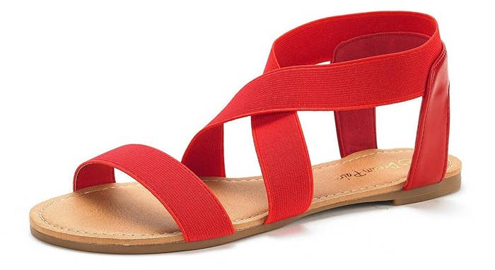 A pair of the elastic sandals in red. 