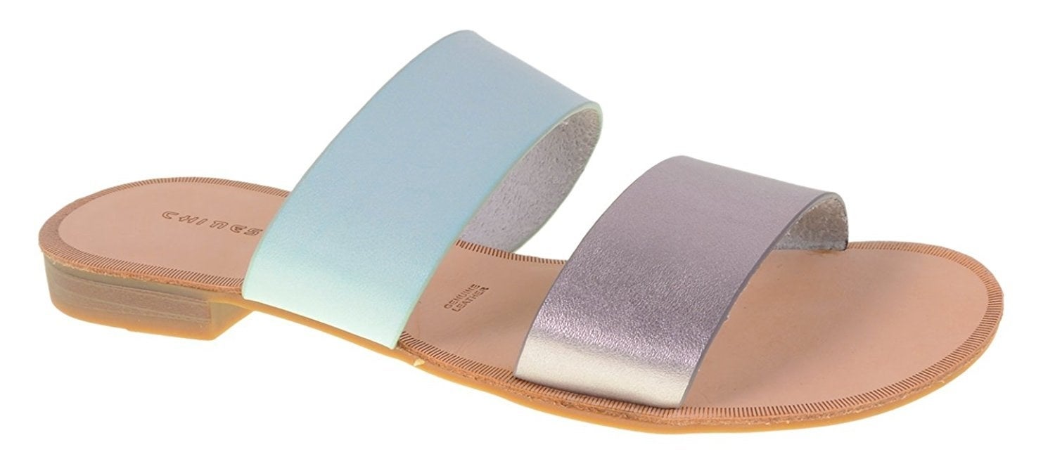 The metallic silver and blue Chinese Laundry slides. 