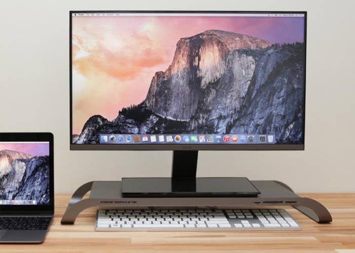 Sit straight and improve your posture by raising your monitor to your eye level. Thus, spare your neck, shoulders, and back from getting severely harmed. Also, your eyes roll effortlessly without easily getting tired and besides, your desk looks cool! Buy it here.