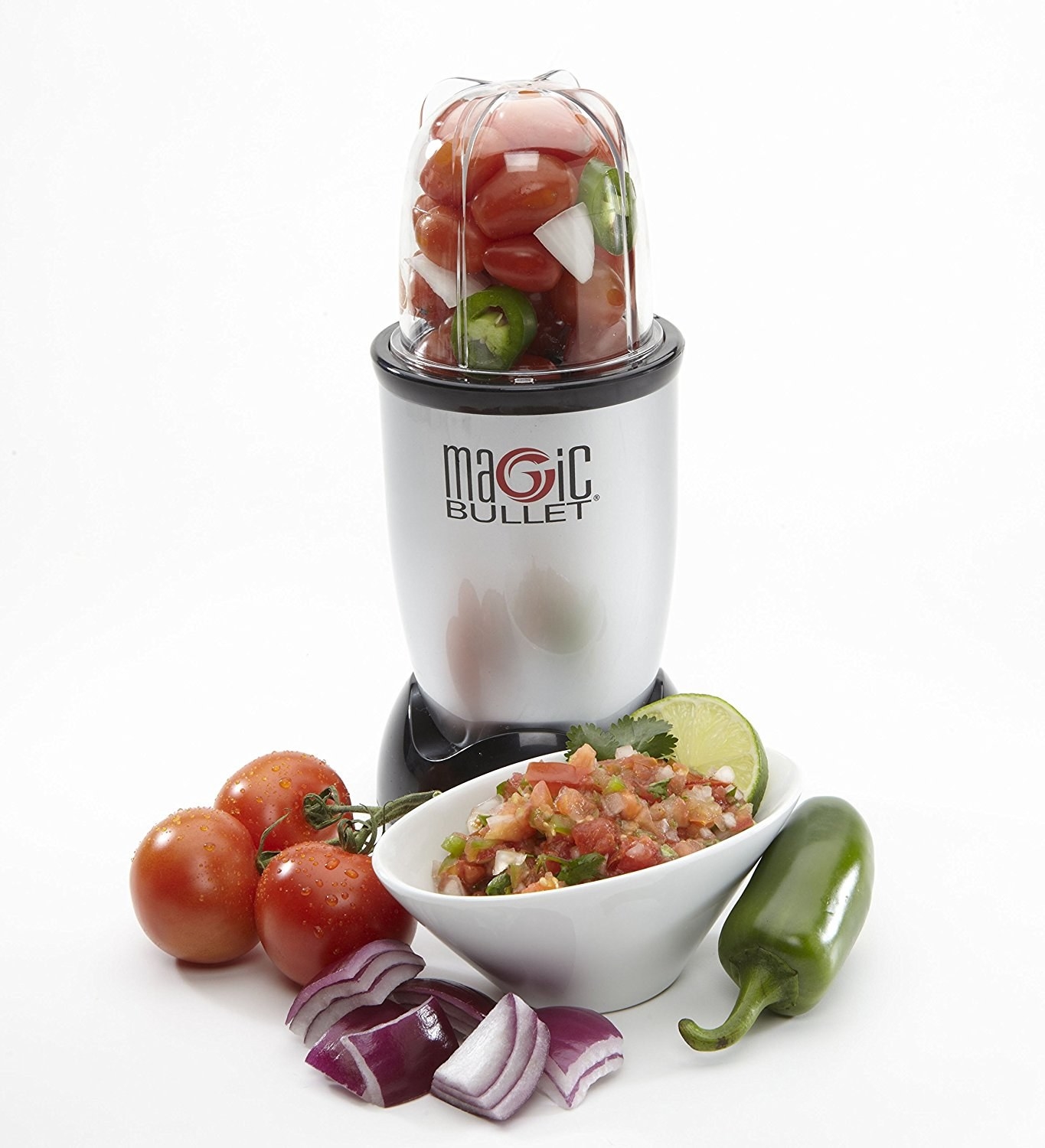 Magic Bullet with dish of salsa