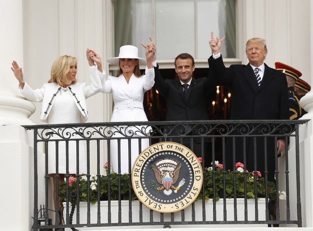 President Donald Trump and First Lady Melania Trump welcomed French President Emmanuel Macron and his wife, Brigitte Macron, to the White House on Tuesday morning.