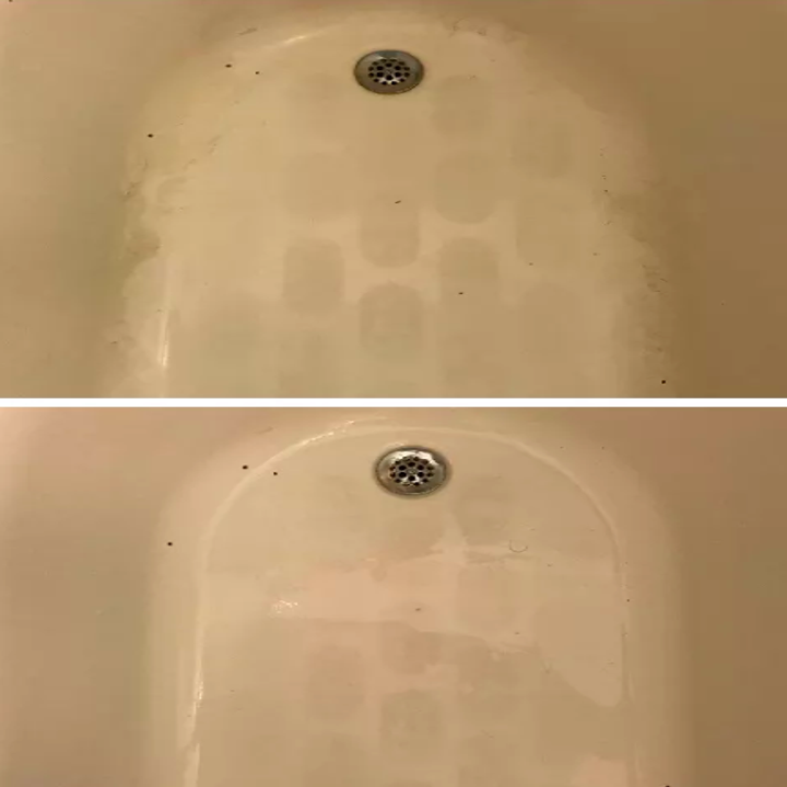 the same editor's before and after photo of their tub after cleaning it with the product