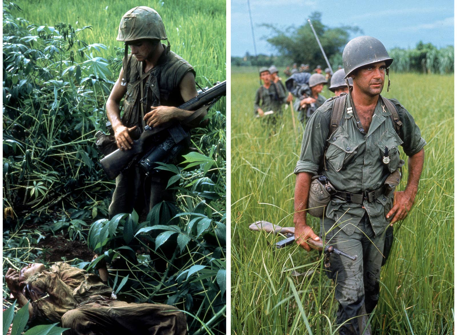 À esquerda, um soldado americano observa o corpo de um vietnamita morto durante a Operação Prairie, ao sul da zona desmilitarizada, em 1966. À direita, o capitão Robert Bacon lidera uma patrulha durante o início da guerra, em 1964.