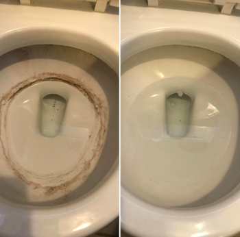 a before and after of a toilet with a large brown ring and then the toilet with the ring gone