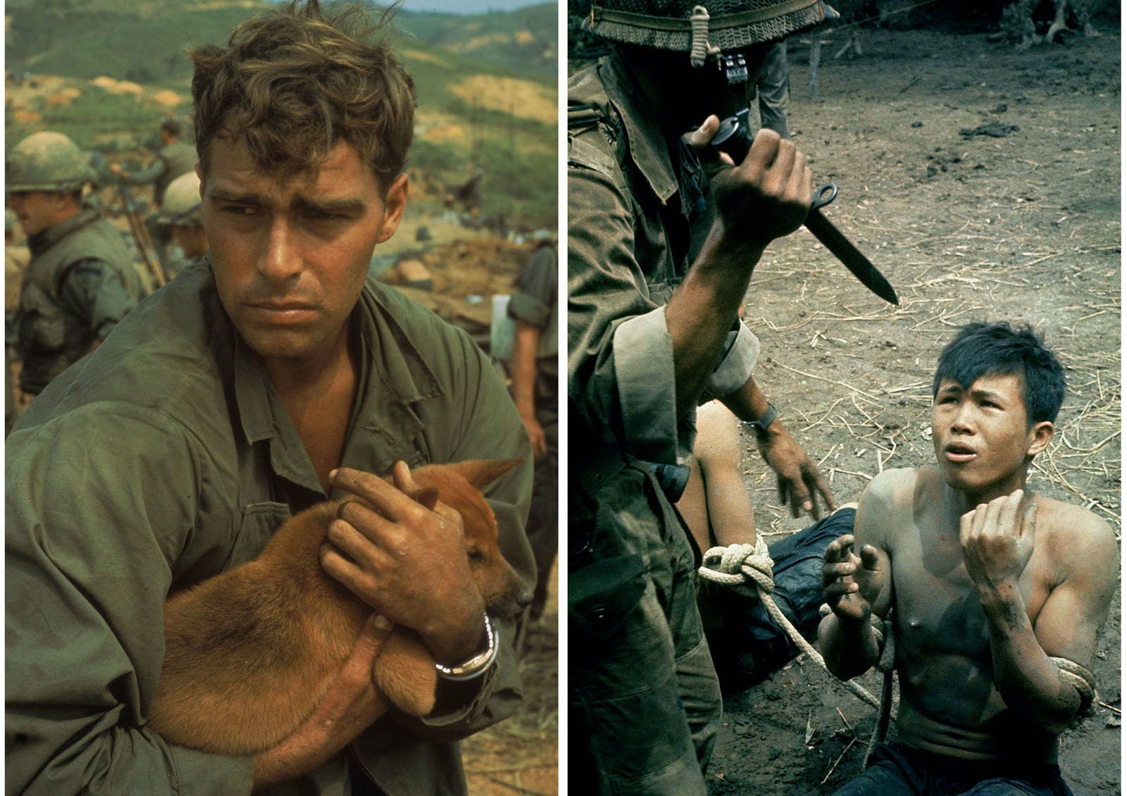 À esquerda, um soldado americano acaricia um cachorro durante um cerco em Khe Sanh, em 1968. À direita, soldado sul-vietnamita ameaça suspeito vietcongue com uma faca.
