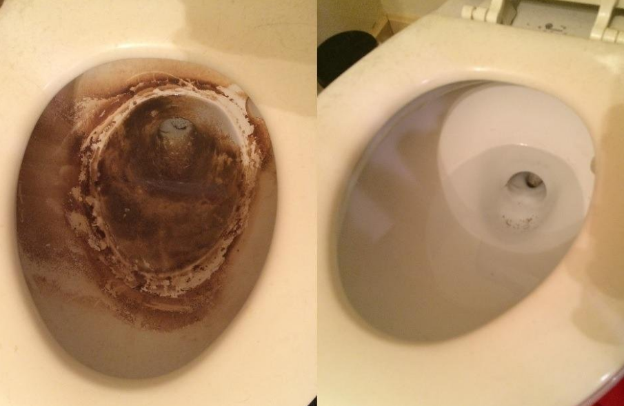 on the left, the inside of a reviewer&#x27;s toilet looking dirty, and on the right, the same toilet looking clean