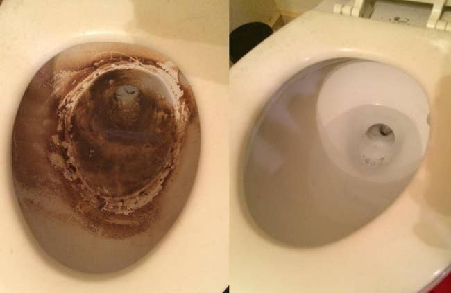 on the left, the inside of a reviewer's toilet looking dirty, and on the right, the same toilet looking clean