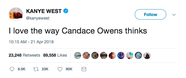 On Saturday, he also said he loves the thinking of Candace Owens, a far-right YouTuber.