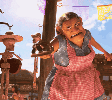 A gif of the Grandma Elena from Pixar&#x27;s Coco twirling a chancla around like a weapon. 