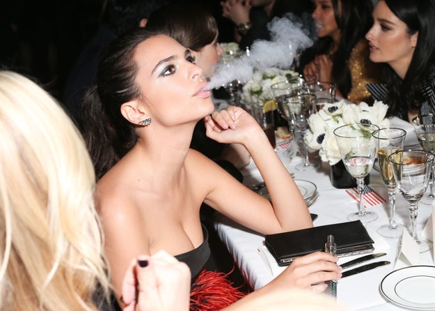 At a dinner, this is Emily Ratajkowskifaskldjf vaping.