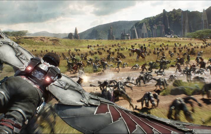 A battle scene in Wakanda in Avengers: Infinity War.