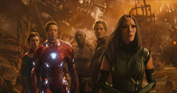 From left: Tom Holland, Robert Downey Jr., Dave Bautista, Chris Pratt, and Pom Klementieff in Avengers: Infinity War.
