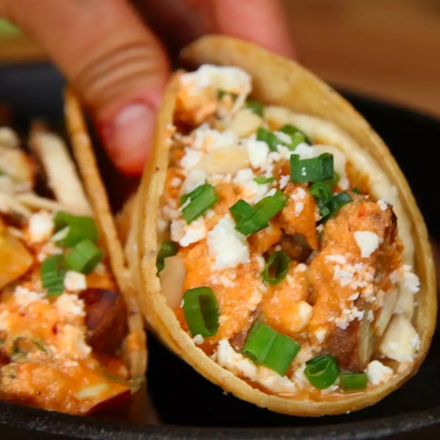 Sweet Potato Guerrilla Tacos with Almond Salsa