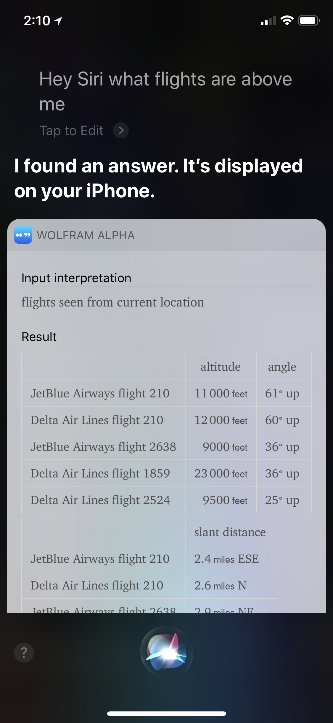 Siri showing flight numbers in response to question &quot;Hey Siri what flights are above me?&quot;