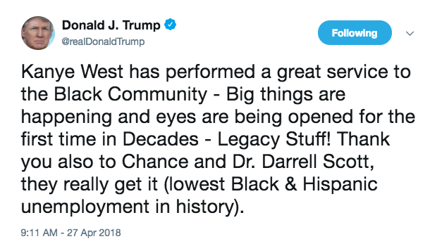 On Friday morning, the president praised Kanye for doing a "great service to the Black Community" by apparently announcing his love for Trump. He also spoke of "big things" happening in the black community and said eyes were "being opened for the first time in Decades." Trump also thanked another entertainer: Chance the Rapper.