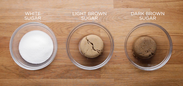 First, the sugar. There are three main types of sugar you can use while making cookies: white, light brown, and dark brown.