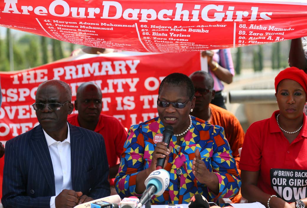 Oby Ezekwesili, #BringBackOurGirls campaigner, speaks during a news conference on the abducted Dapchi and Chibok girls in Abuja, Nigeria, in March.